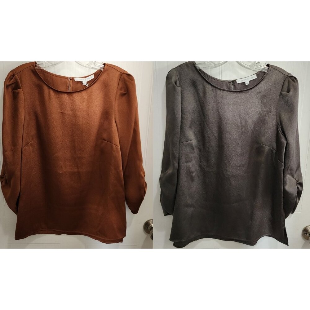 x2 NEW Preston & York Women's 3/4 Ruched Sleeve Blouses Green/Copper Size Small